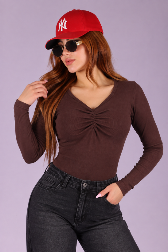بادی زنانه کبریتی آستین بلند چین دار