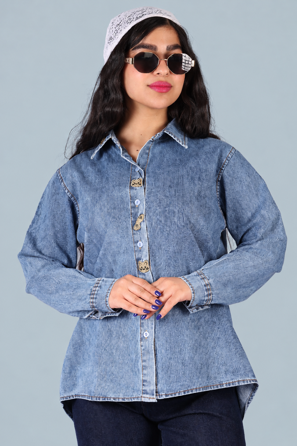 شومیز زنانه جین طرح گربه